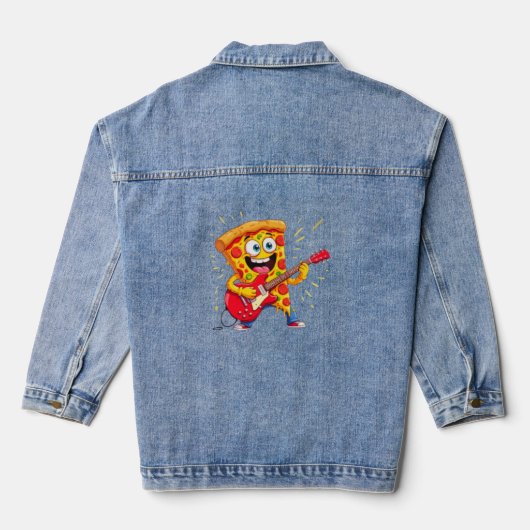 **Rock ’n’ Roll Pizza – Funny Guitar-Playing Slice Denim Jacket (Achterkant)