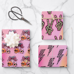 Rock n Roll Roze Schedels Skelet Hand Halloween Inpakpapier Vel