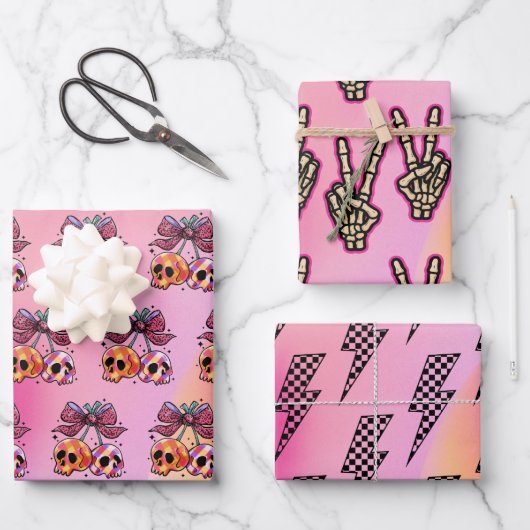 Rock n Roll Roze Schedels Skeleton Hand Halloween Inpakpapier Vel (Voorkant)