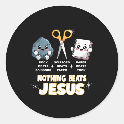 Rock Paper Scissors But Nothing Beats Jesus Funny Ronde Sticker (Voorkant)