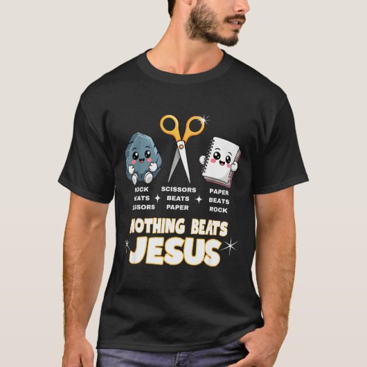 Rock Paper Scissors But Nothing Beats Jesus Funny T-shirt (Voorkant)