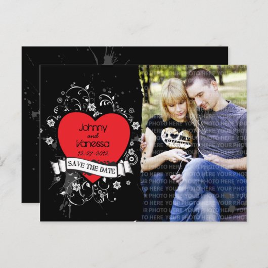 Rock & Roll Grungy Heart Photo Bewaar de datum Aankondigingskaart (Voorkant / Achterkant)