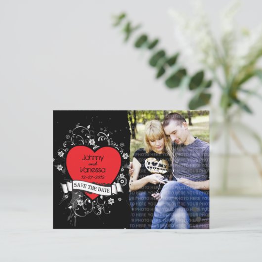 Rock & Roll Grungy Heart Photo Bewaar de datum Aankondigingskaart (Staand voorkant)