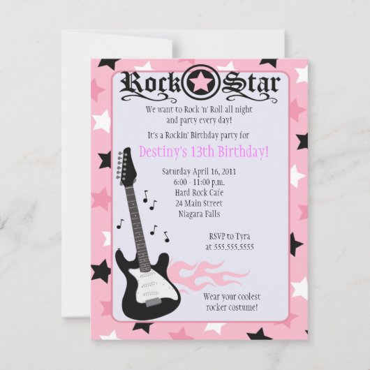 ROCK STAR 4x5 Rose Rocker Invitation d'anniversair (Devant)