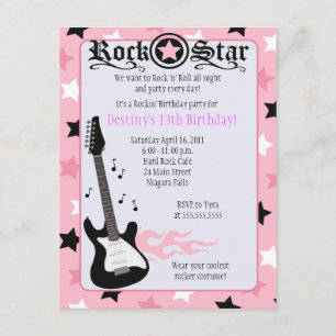 ROCK STAR 4x5 Roze Rocker Birthday Uitnodiging