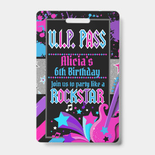 Rock star Anniversaire VIP Pass Invitation Badge