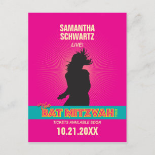 Rock Star Bat Mitzvah Save the Date in Hot Pink Aankondigingskaart