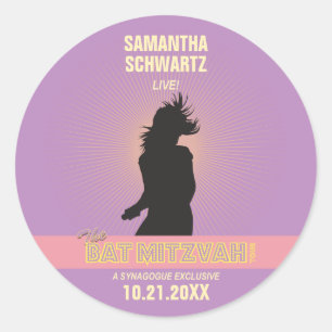 Rock Star Bat Mitzvah Sticker-Paarse roze Ronde Sticker