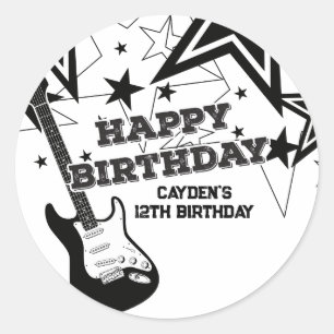 Rock Star Birthday Guitar Black White Stars Ronde Sticker