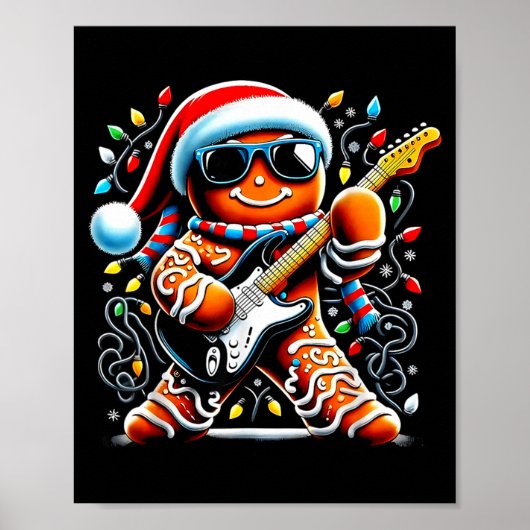 Rock Star Gingerbread Christmas Guitar Lights Men Poster (Voorkant)
