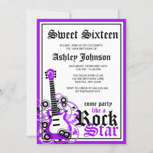Rock Star Guitar Sweet 16 Verjaardagsfeest Paarse Kaart