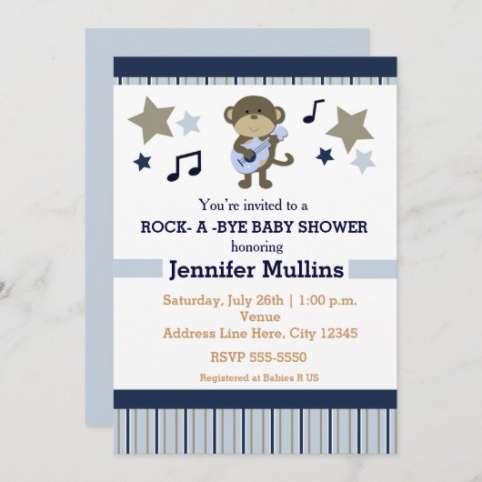 Rock Star Party Baby shower Monkey Invitation Kaart (Voorkant / Achterkant)