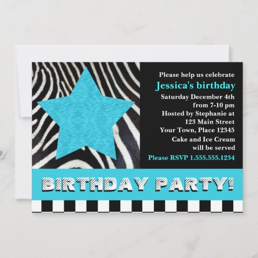 Rock Star Zebra Birthday Party - Blue Kaart (Voorkant)