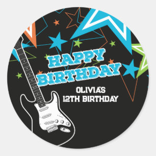 Rock Ster Verjaardag Gitaar Sterren Blauw Oranje Ronde Sticker