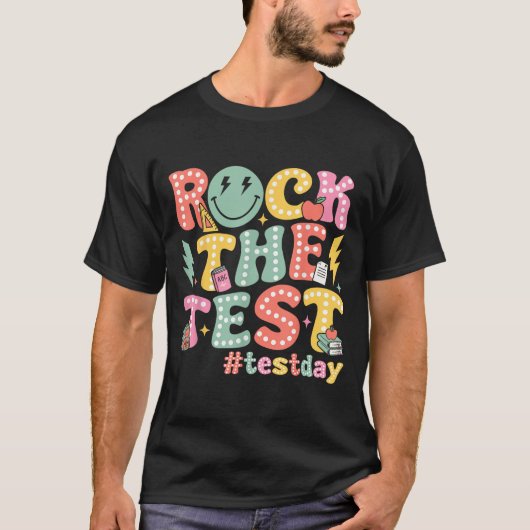 Rock The Test Testing Day Retro Motivational Teach T-shirt (Voorkant)