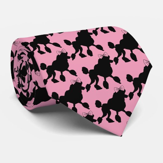  Rockabilly Black Poodles op Pink Patterned Stropdas (Opgerold)