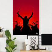 Rockdrummerposter – Zwarte Silhouet op Rood Poster (Thuiskantoor)