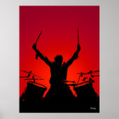 Rockdrummerposter – Zwarte Silhouet op Rood Poster (Voorkant)