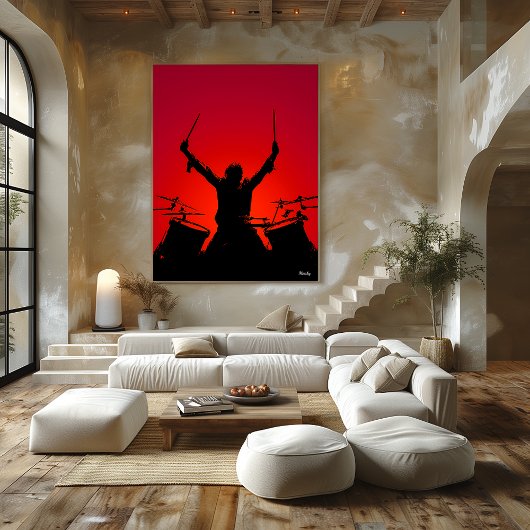 Rockdrummerposter – Zwarte Silhouet op Rood Poster