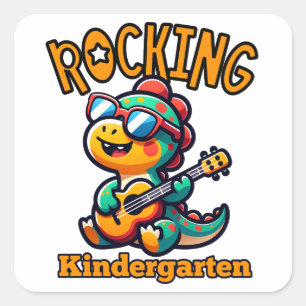 Rockende kleuterdinosaurus met gitaar vierkante sticker