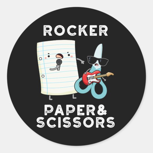 Rocker Paper en Scissors Funny Game Pun Dark BG Ronde Sticker (Voorkant)