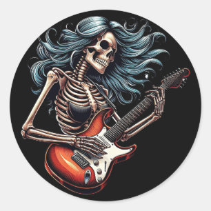 Rocker Skeleton vrouw speelt gitaar Dark art Ronde Sticker