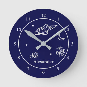 Rocket in Space Dark Blue en White met naam Ronde Klok