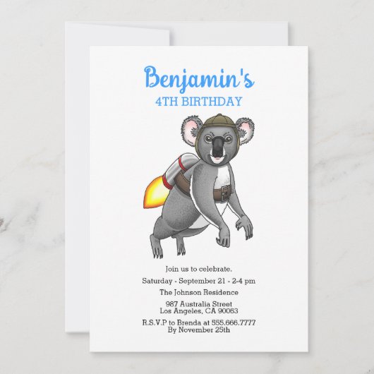 Rocket Koala Verjaardag uitnodiging (Voorkant)