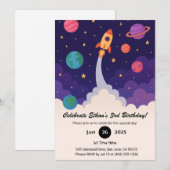 Rocket Launch & Outer Space Cartoon Birthday Kaart (Voorkant / Achterkant)