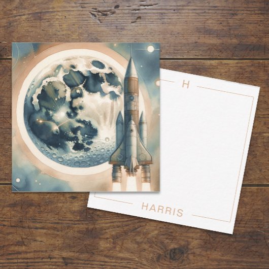 Rocket Moon Space Monogram Flat Note Kaart Notitiekaartje