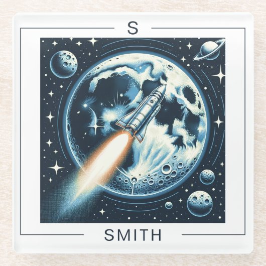 Rocket Moon Space Monogram Glazen Onderzetter (Voorkant)