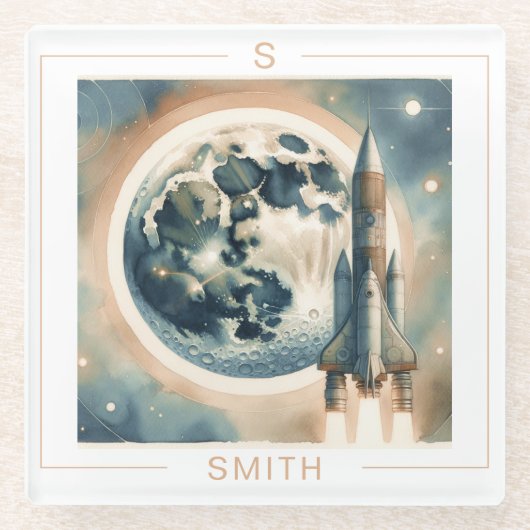 Rocket Moon Space Monogram Glazen Onderzetter (Voorkant)