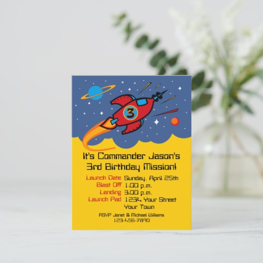 Rocket Ship 3rd Birthday Custom Invitations Kaart (Staand voorkant)
