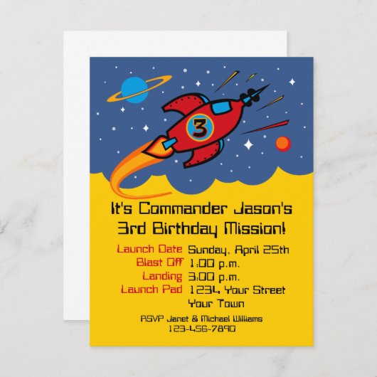 Rocket Ship 3rd Birthday Custom Invitations Kaart (Voorkant / Achterkant)