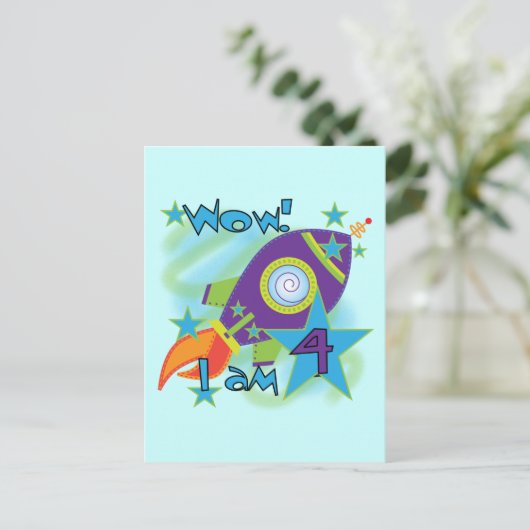 Rocket Ship 4th Birthday T-shirts en geschenken Briefkaart (Staand voorkant)