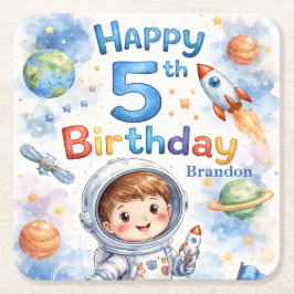 Rocket ship birthday Space Planets Boy Stars Vierkante Kartonnen Onderzetter