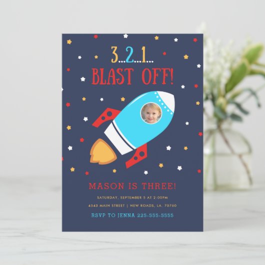 Rocket Ship Exterspace Photo Invitations d'anniver (Debout devant)