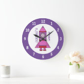 Rocket Ship Paarse Space Wall-klok met naam Grote Klok (Huis)