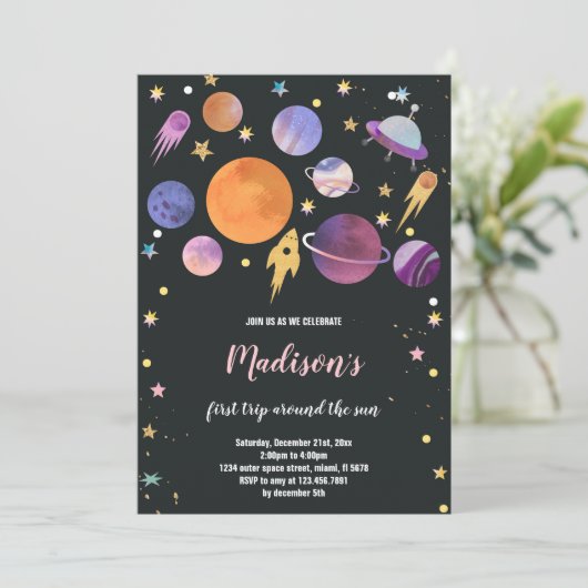 Rocket Ship & Planètes Invitation Anniversaire (Debout devant)