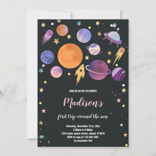 Rocket Ship & Planets verjaardagsuitnodiging Kaart (Voorkant)