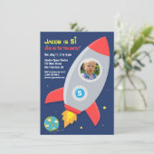 Rocket Ship Space Party Kids Verjaardagsfoto Kaart (Staand voorkant)