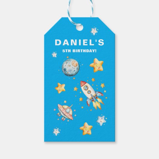 Rocket Ship Space-thema aangepaste verjaardagsfees Cadeaulabel (Voorkant)
