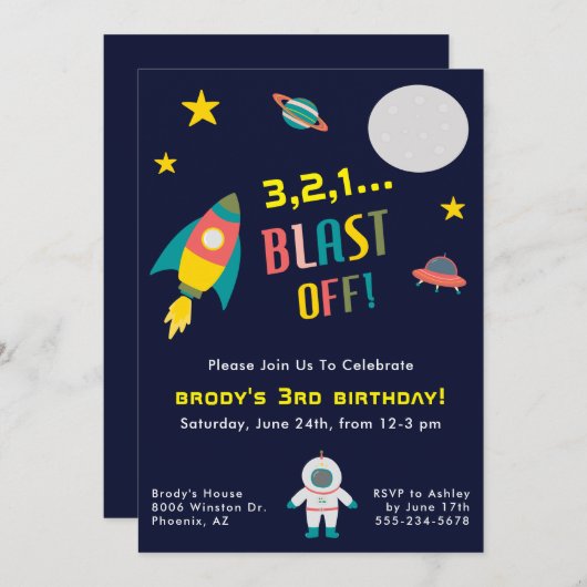 Rocket Ship Space Thema Verjaardagsfeest Kaart (Voorkant / Achterkant)