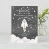 Rocket Ship + Stars Neutral Birthday Party Kaart (Staand voorkant)