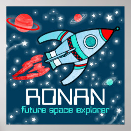 Rocket space boys blue red personalized poster