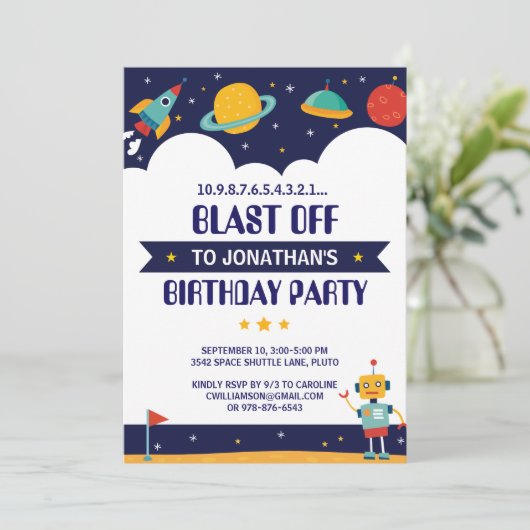 Rocket Space Ship Anniversaire Fête Invitation (Debout devant)