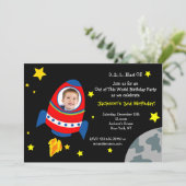 Rocket Space Ship Foto Birthday Party Invitations Kaart (Staand voorkant)