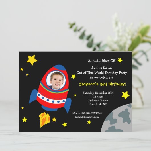 Rocket Space Ship Foto Birthday Party Invitations Kaart (Staand voorkant)