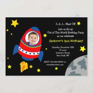 Rocket Space Ship Foto Birthday Party Invitations Kaart