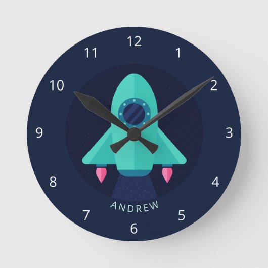 Rocket Spaceship Baby Boy Nursery Space Theme Name Ronde Klok (Voorkant)